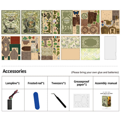 Accessories for Secret Forest DIY Book Nook Kit, including assembly manual, lampline, and decorative pieces.