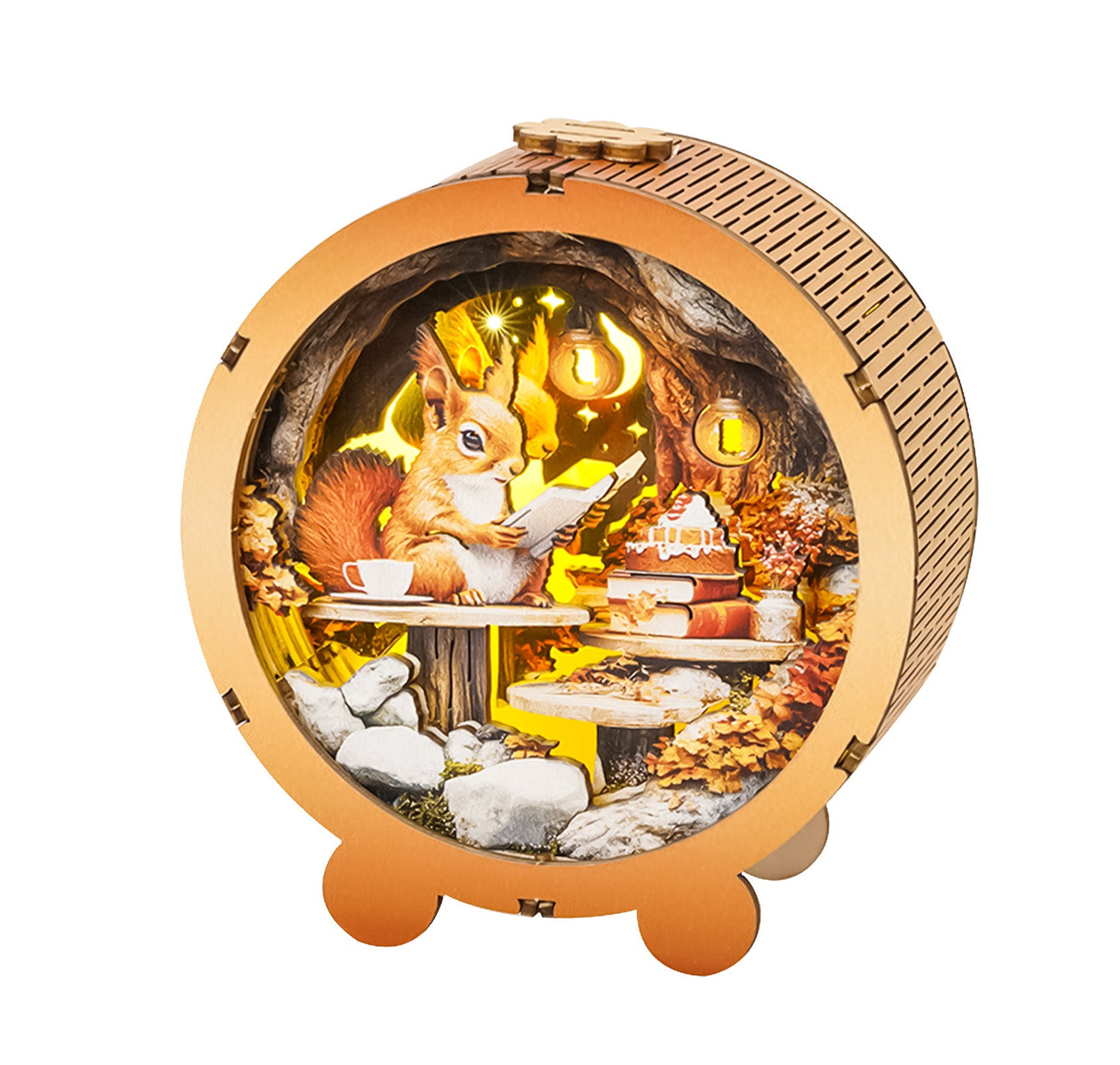 Squirrel's Reading Kit 3D Wooden Puzzle Night Light featuring a squirrel reading in a cozy forest setting.