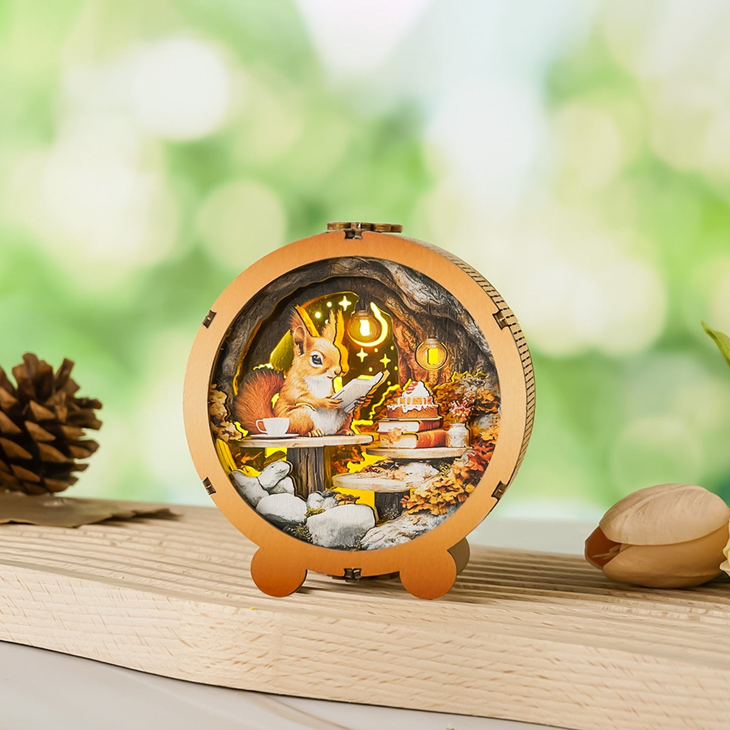 3D wooden puzzle night light featuring a squirrel at a table with tea and dessert in a cozy environment.