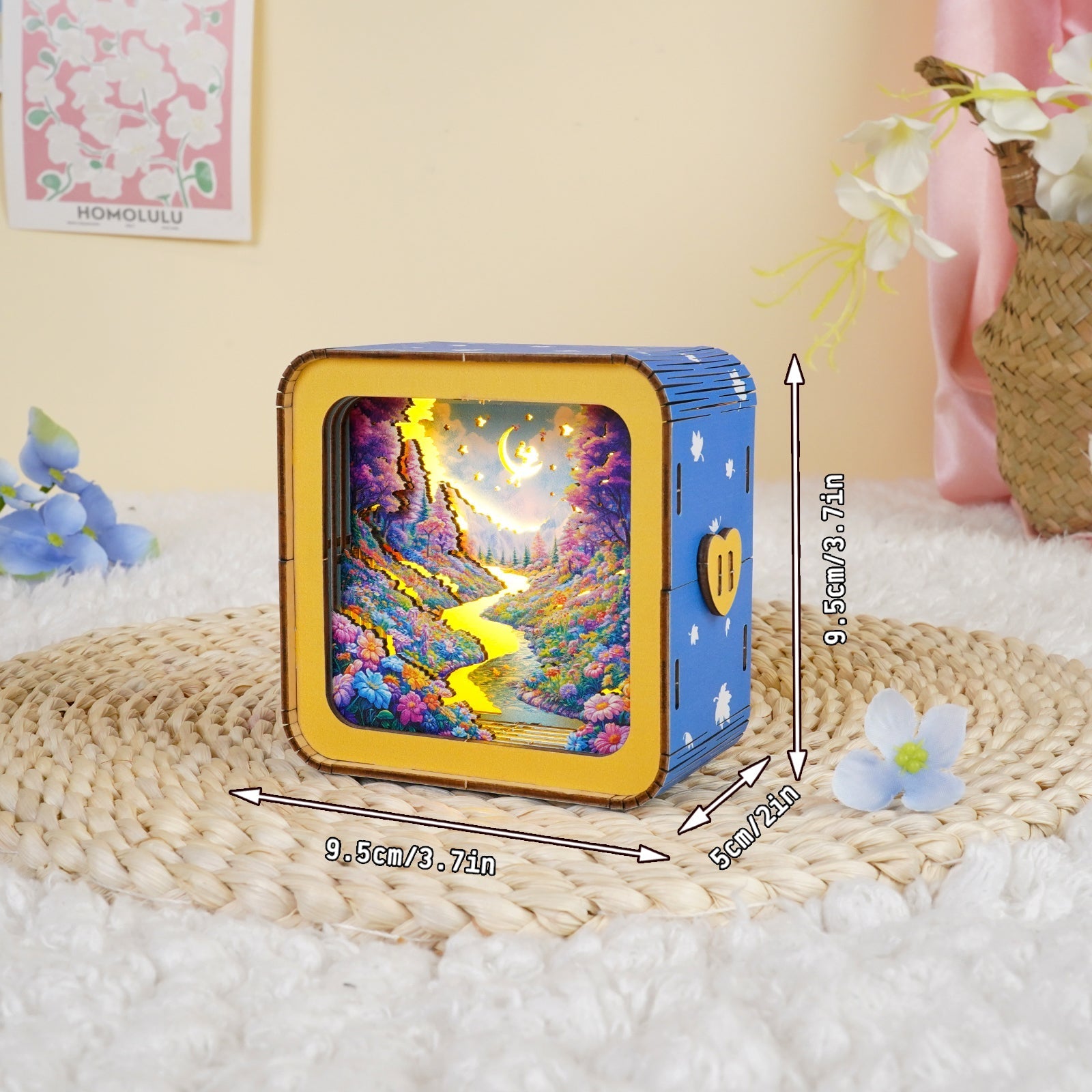 Dream Forest Kit 3D wooden puzzle night light showcasing a colorful illuminated forest scene with dimensions displayed.