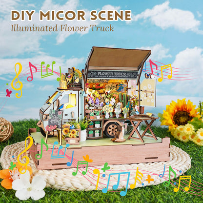 DIY miniature illuminated flower truck scene with vibrant flowers and engaging details.