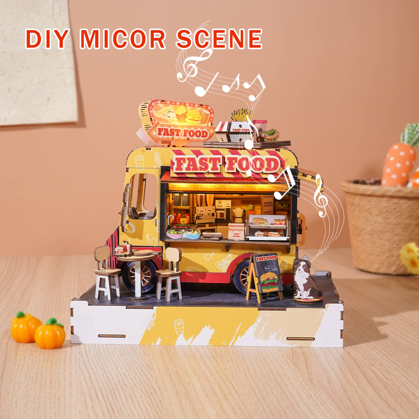 DIY miniature fast food cart puzzle with detailed design, showcasing a vibrant food scene and crafting elements.