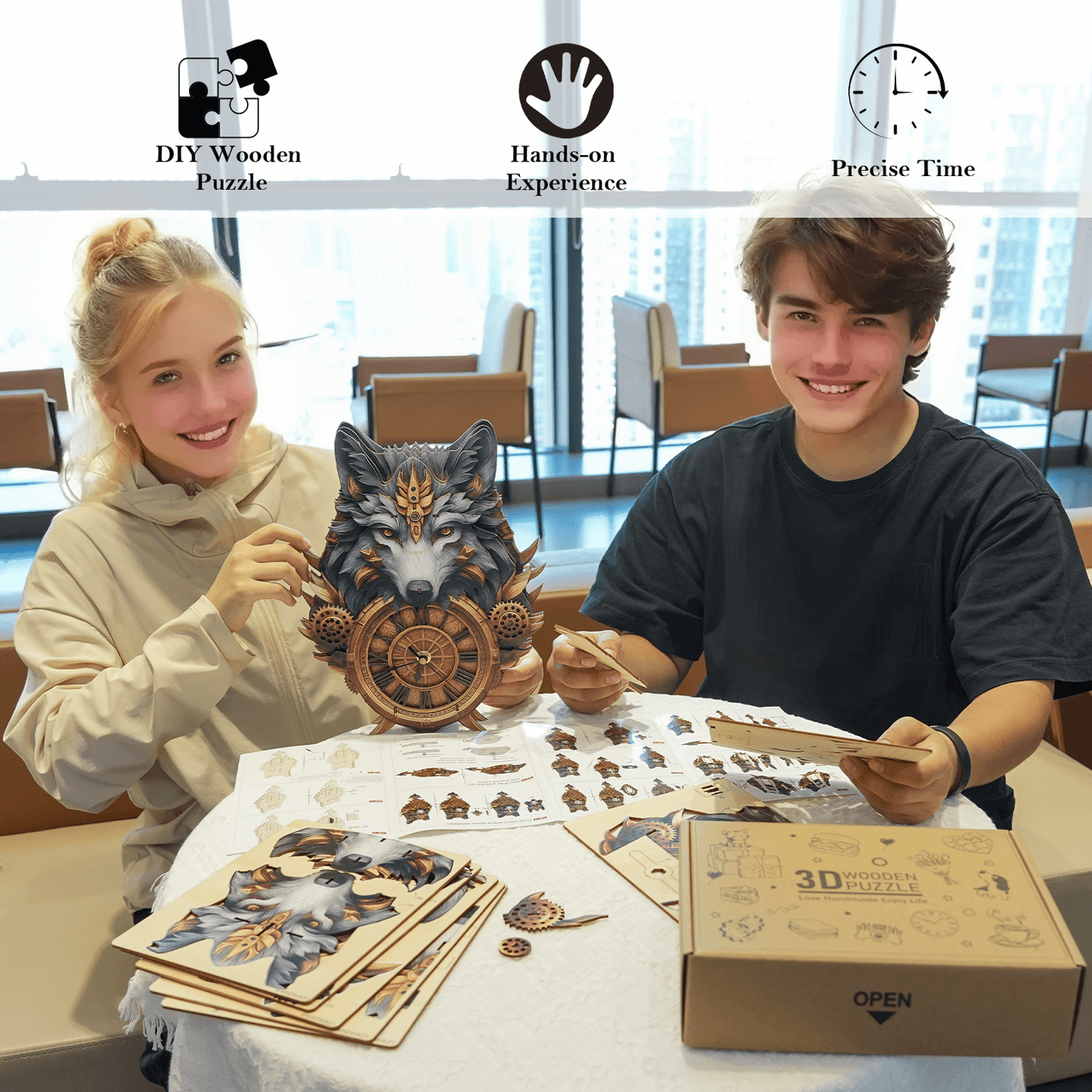 Gray Wolf – Wooden 3D Clock DIY Puzzle Kit