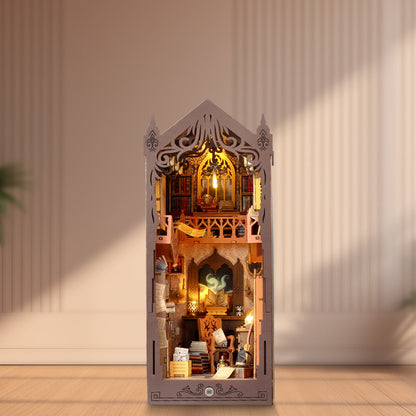 Magic House DIY Book Nook Kit showcasing a detailed wooden puzzle with musical decor and warm lighting.