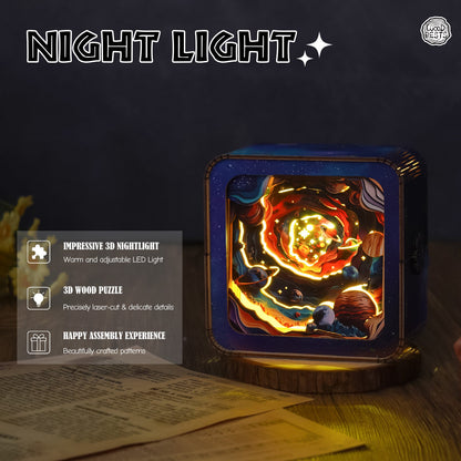 Cosmic Odyssey Kit - 3D wooden puzzle night light with warm LED, intricate details and beautiful patterns.