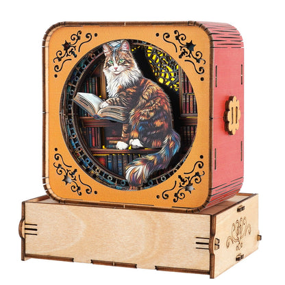 3D wooden puzzle night light featuring a Maine Coon cat reading in a library setting, perfect for cat lovers.