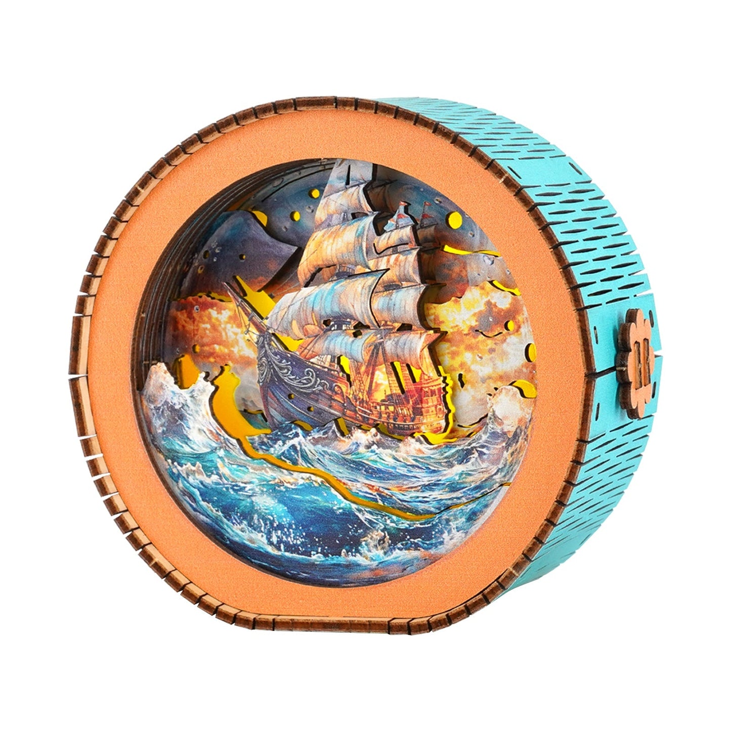 Colorful 3D wooden night light puzzle featuring a ship sailing through waves, perfect for DIY enthusiasts.
