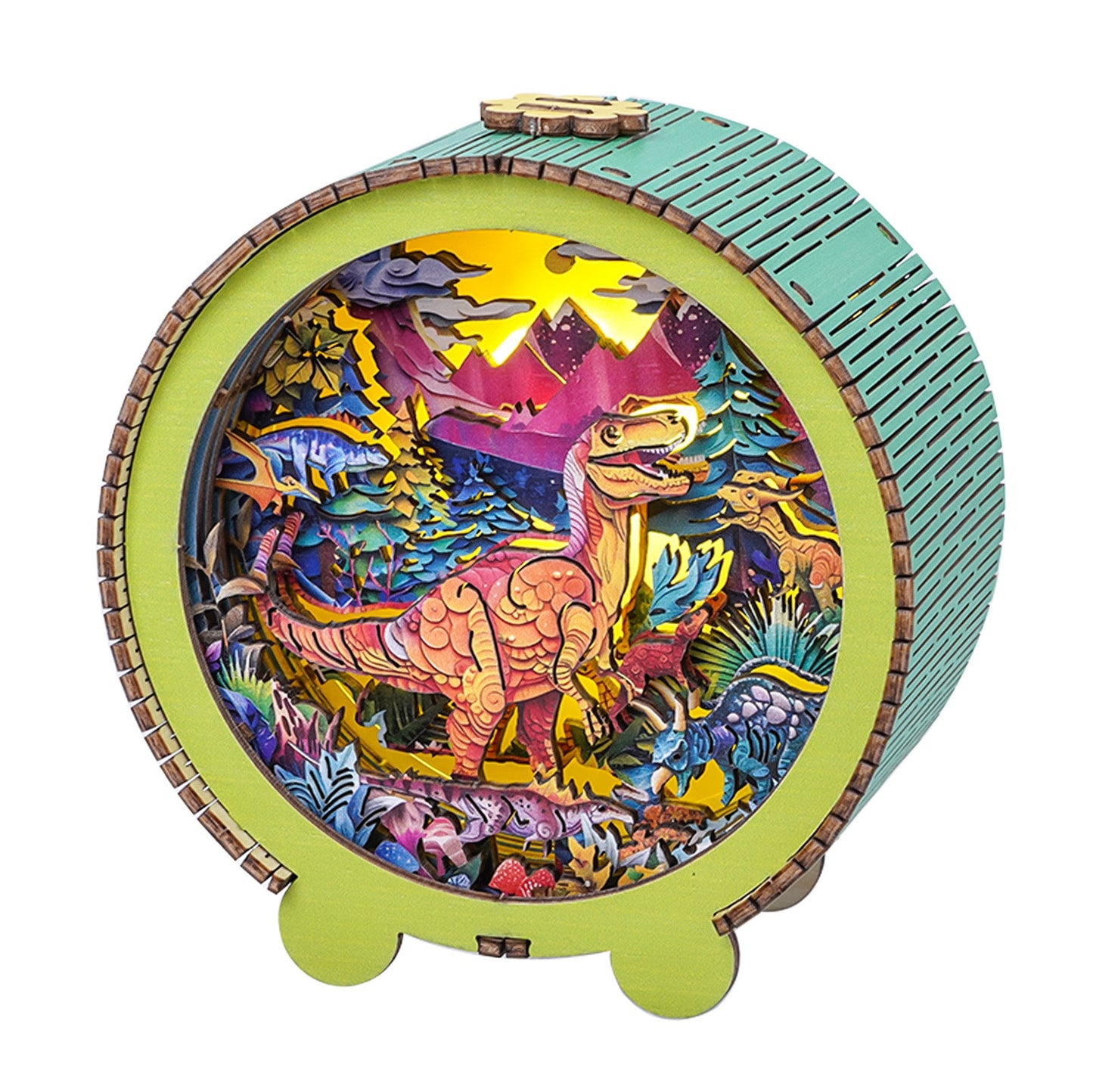 Volcano Dinosaur Kit 3D wooden puzzle night light featuring a vibrant dinosaur scene with mountains and colorful vegetation.
