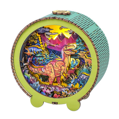 Volcano Dinosaur Kit 3D wooden puzzle night light featuring a vibrant dinosaur scene with mountains and colorful vegetation.