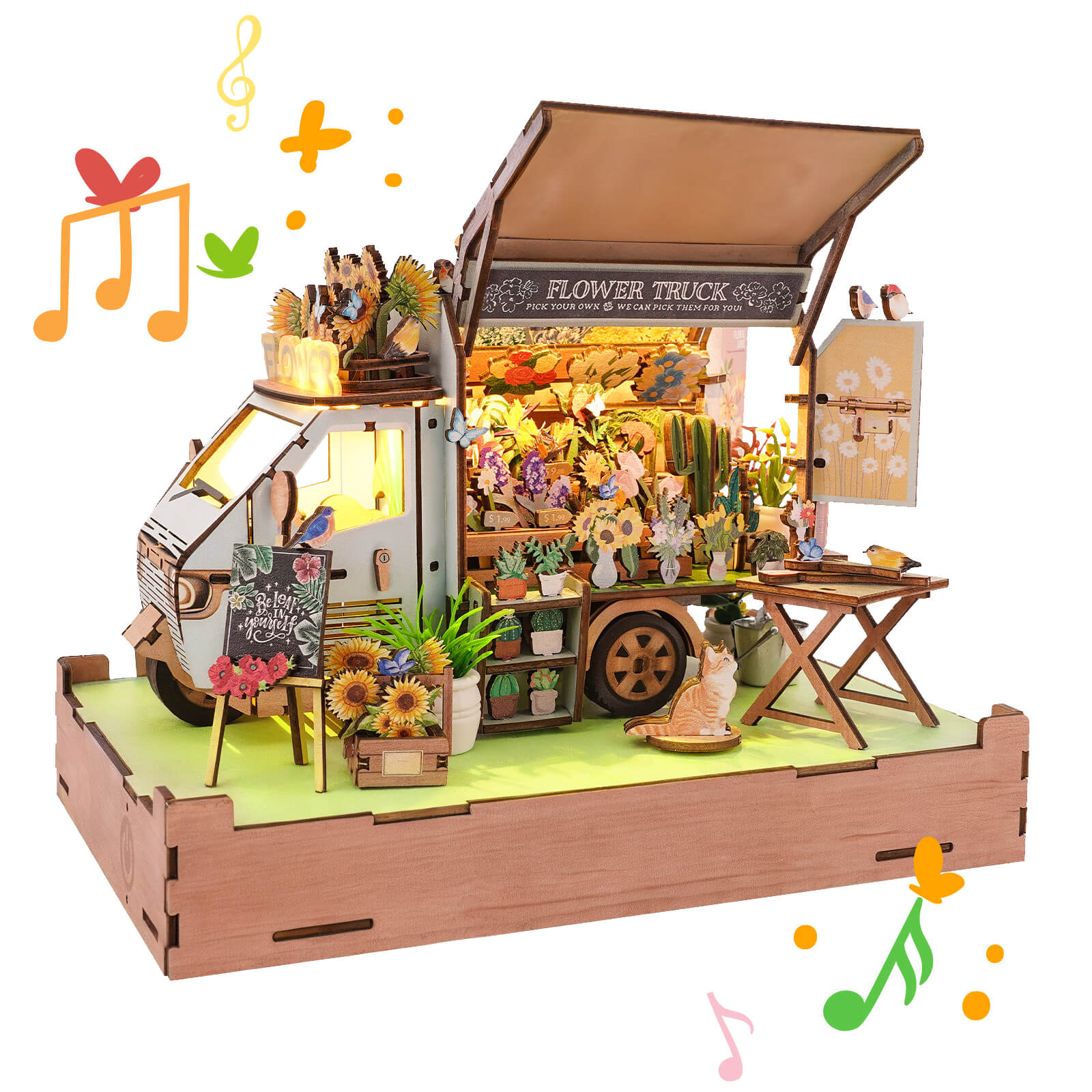 DIY miniature flower cart 3D wooden puzzle kit with vibrant flowers and a charming design for craft lovers.