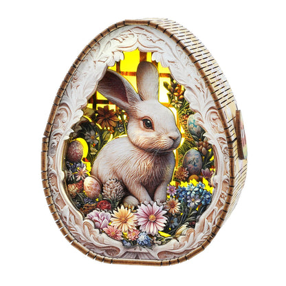 3D wooden Easter egg night light featuring a rabbit surrounded by colorful flowers.
