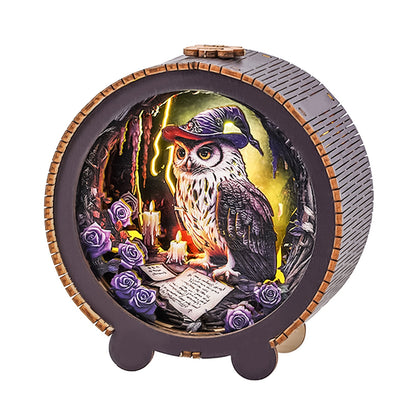 Owl Wizard Kit 3D wooden puzzle night light featuring a whimsical owl in a wizard hat surrounded by candles and roses.