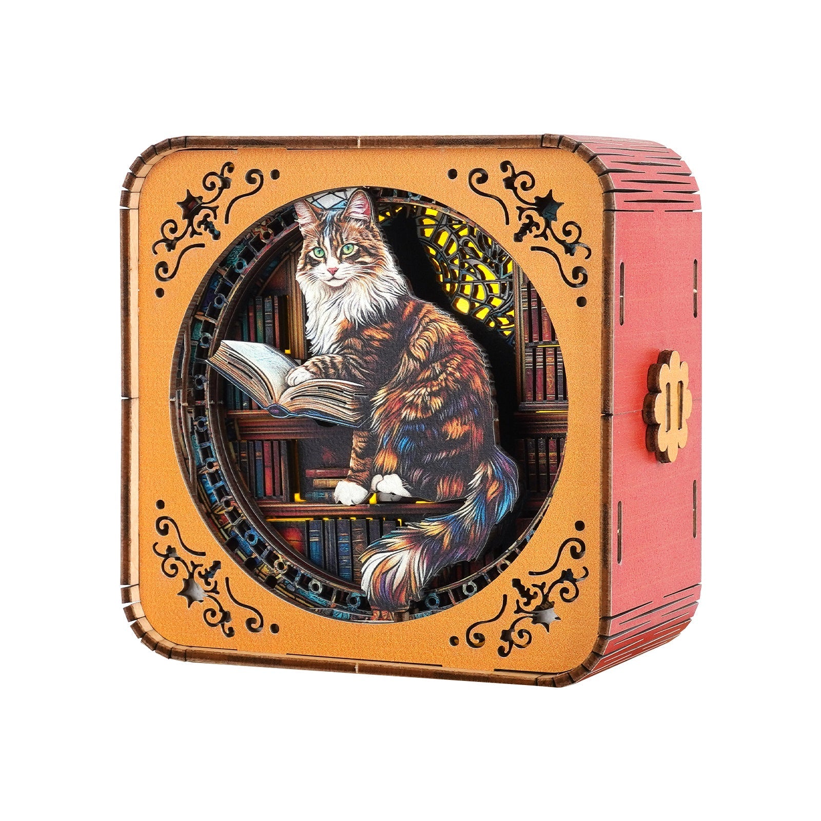3D wooden puzzle night light featuring a Maine Coon cat reading in a library, perfect for cat lovers and puzzle enthusiasts.