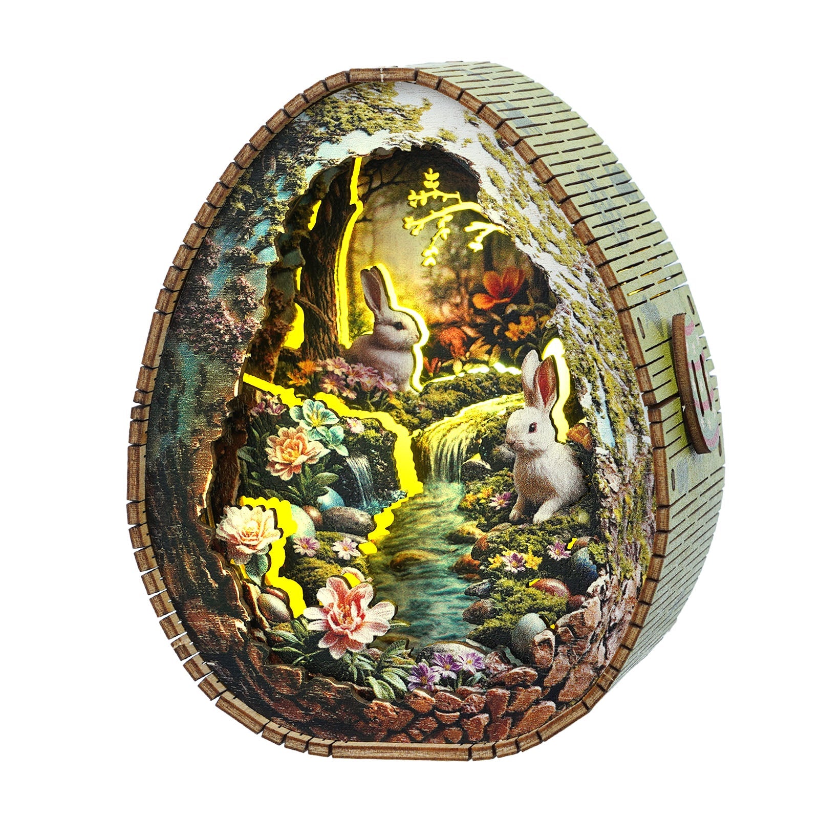 3D wooden puzzle night light featuring a rabbit scene by a stream with flowers and soft glowing lights.
