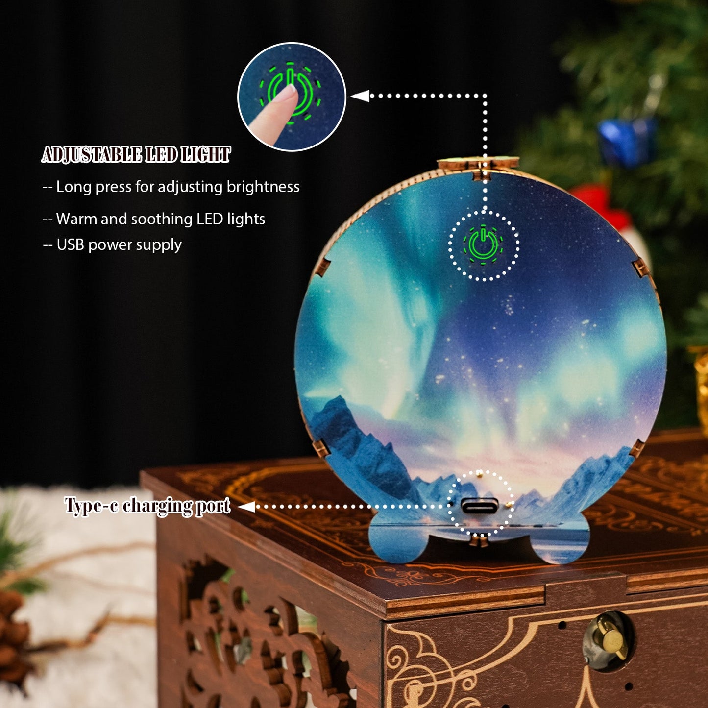 Aurora World Kit 3D Wooden Puzzle Night Light featuring adjustable LED, USB charging, and soothing colors.