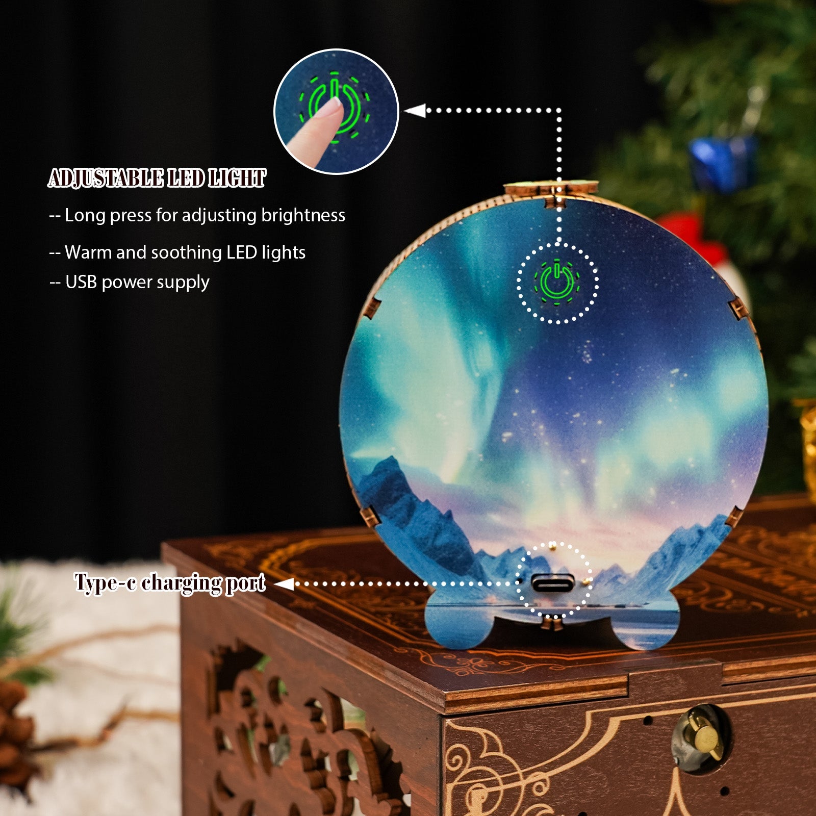 Aurora World Kit 3D Wooden Puzzle Night Light featuring adjustable LED, USB charging, and soothing colors.