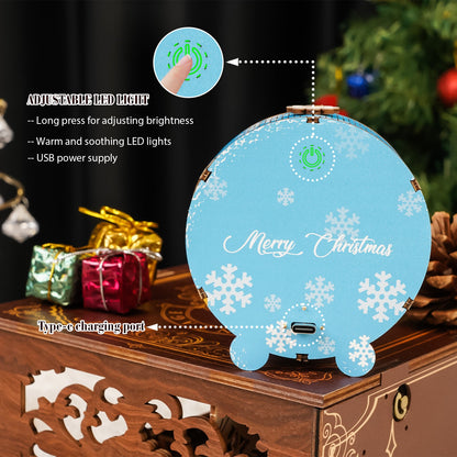 3D wooden Christmas village night light with adjustable LED, USB power supply, and Type-C charging port.