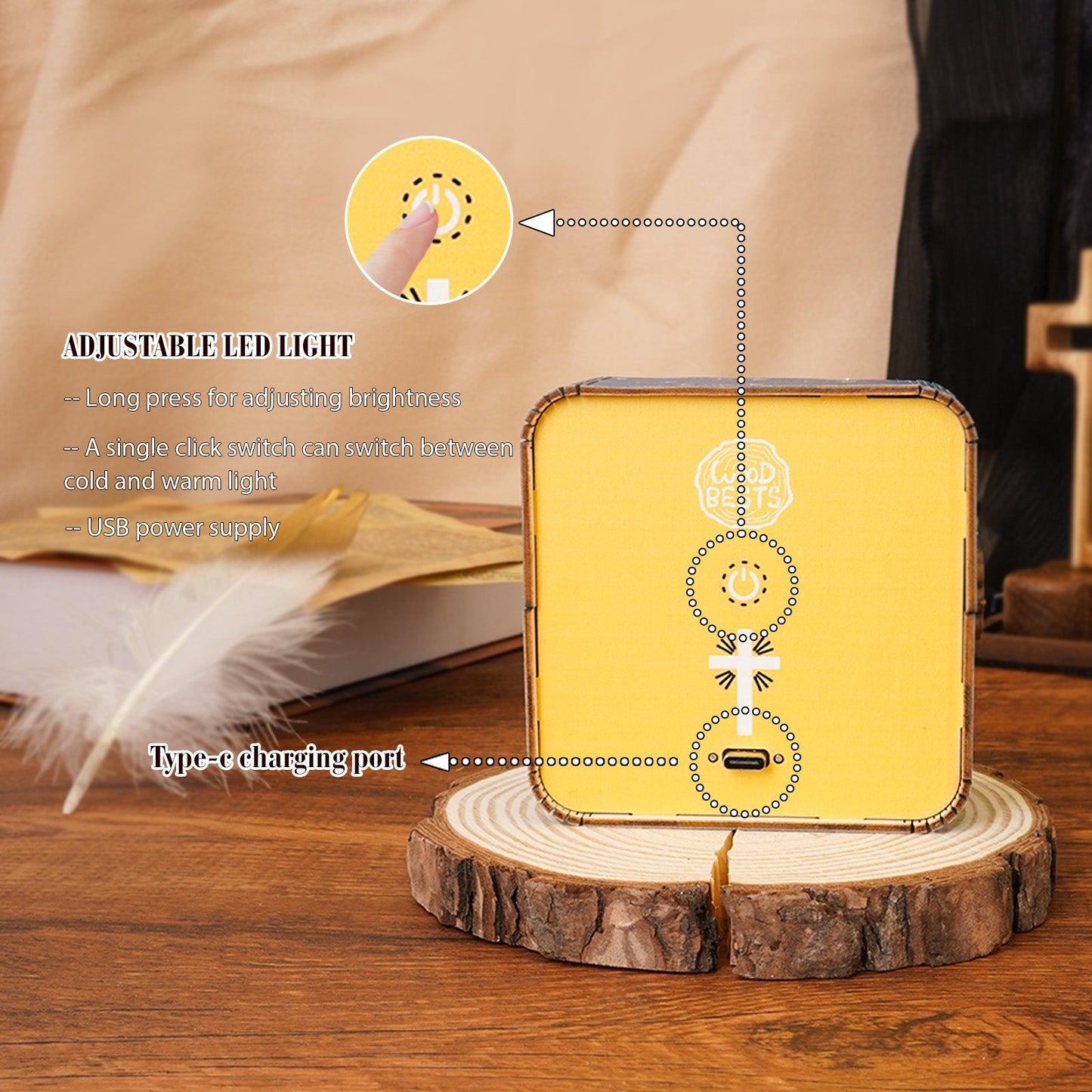 Adjustable LED light description highlighting USB power supply and type-C charging port.