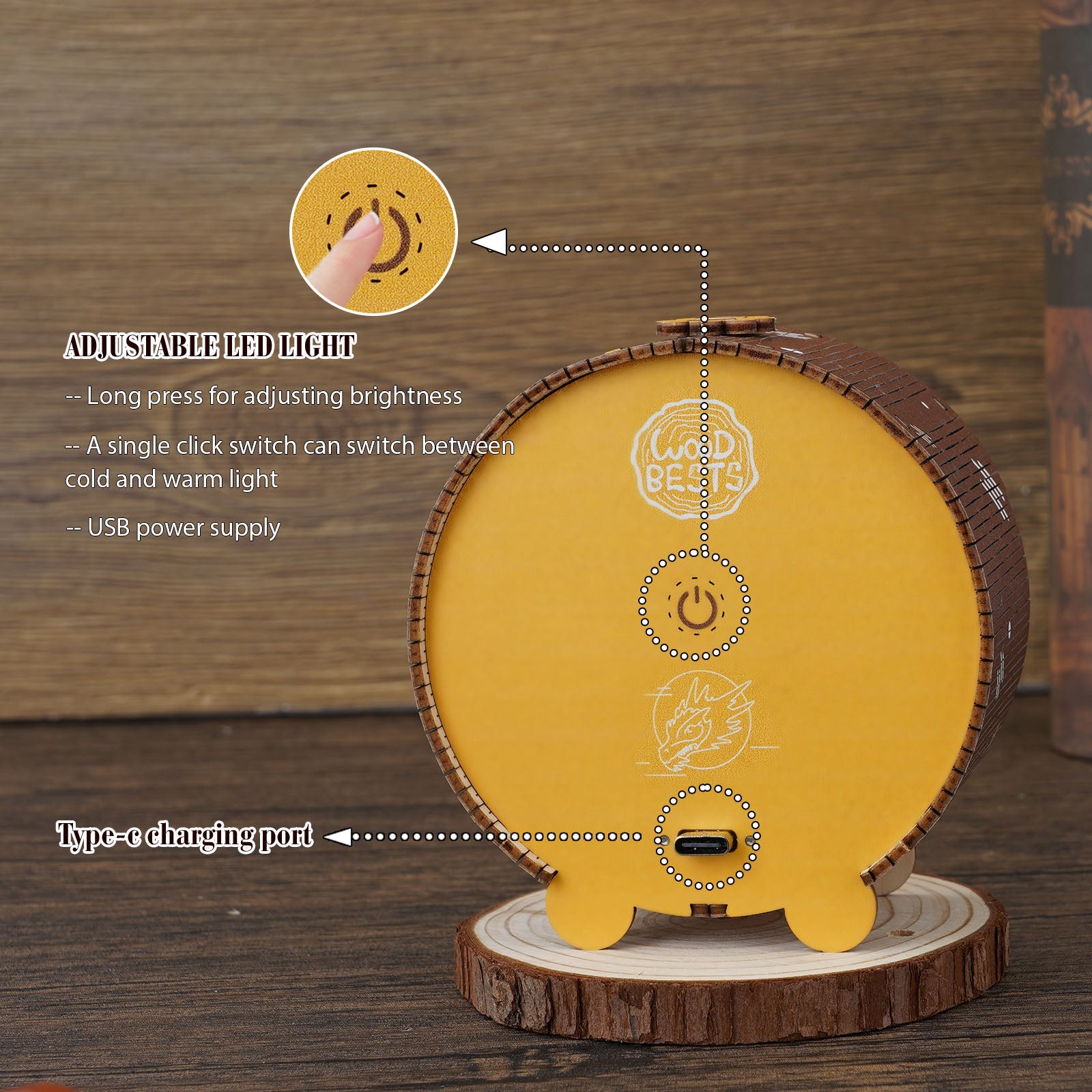 Adjustable LED light on Steampunk Dragon Kit with USB power supply and type-C charging port.