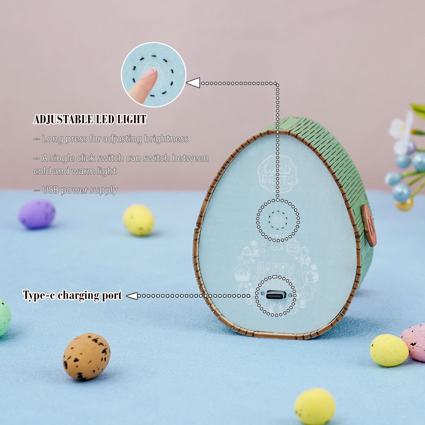 Close-up of a 3D wooden Easter egg night light showcasing adjustable LED features and USB charging port.