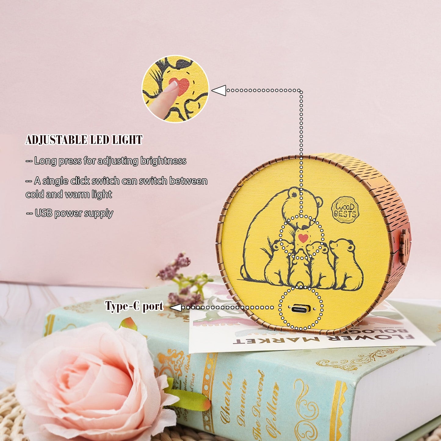 Adjustable LED light features of the Brown Bear Family 3D wooden puzzle night light kit explained.