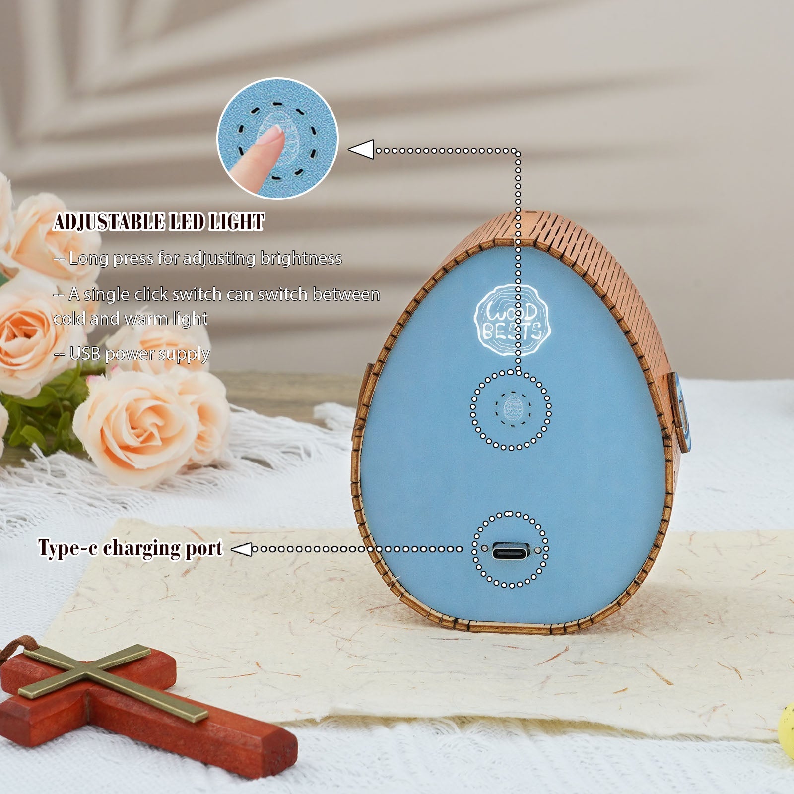3D wooden puzzle night light with adjustable LED features and Type-C charging port on a decorative background.
