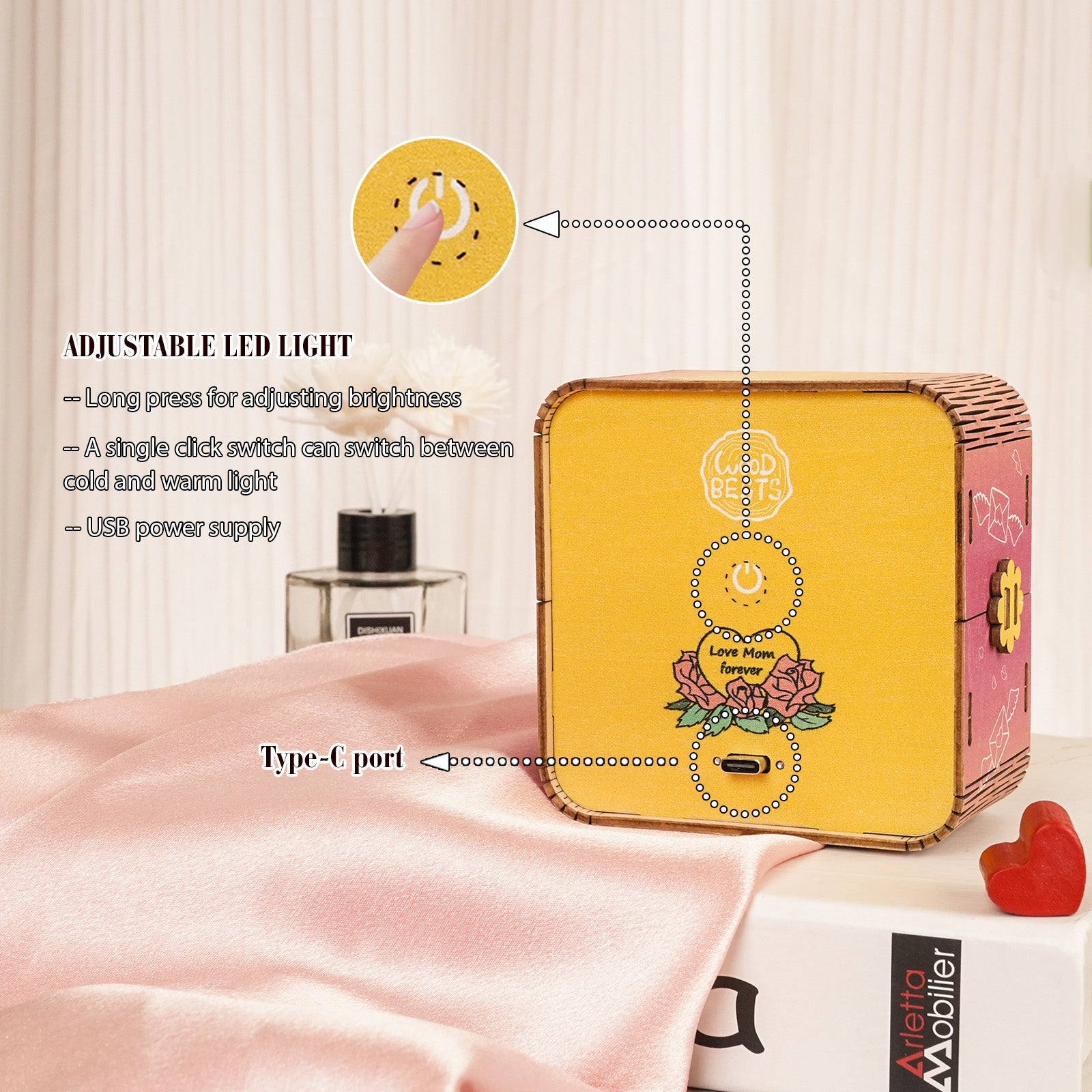 Close-up of the adjustable LED light on the 'Words fail, love endures' puzzle night light with type-C port.