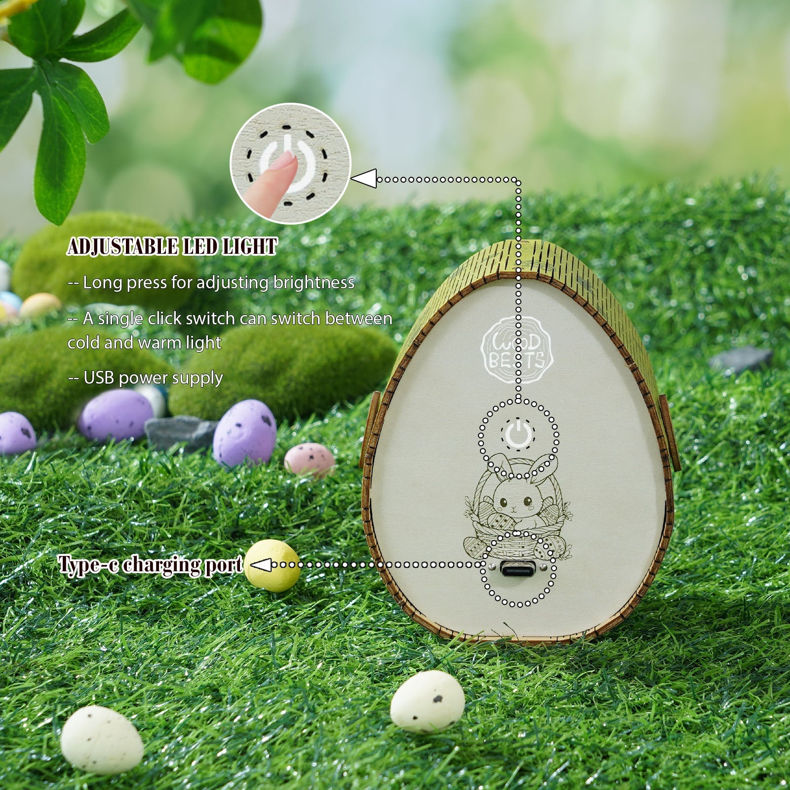 Close-up of Rabbit by the Stream Kit 3D Wooden Puzzle Night Light showing adjustable LED features on the back.