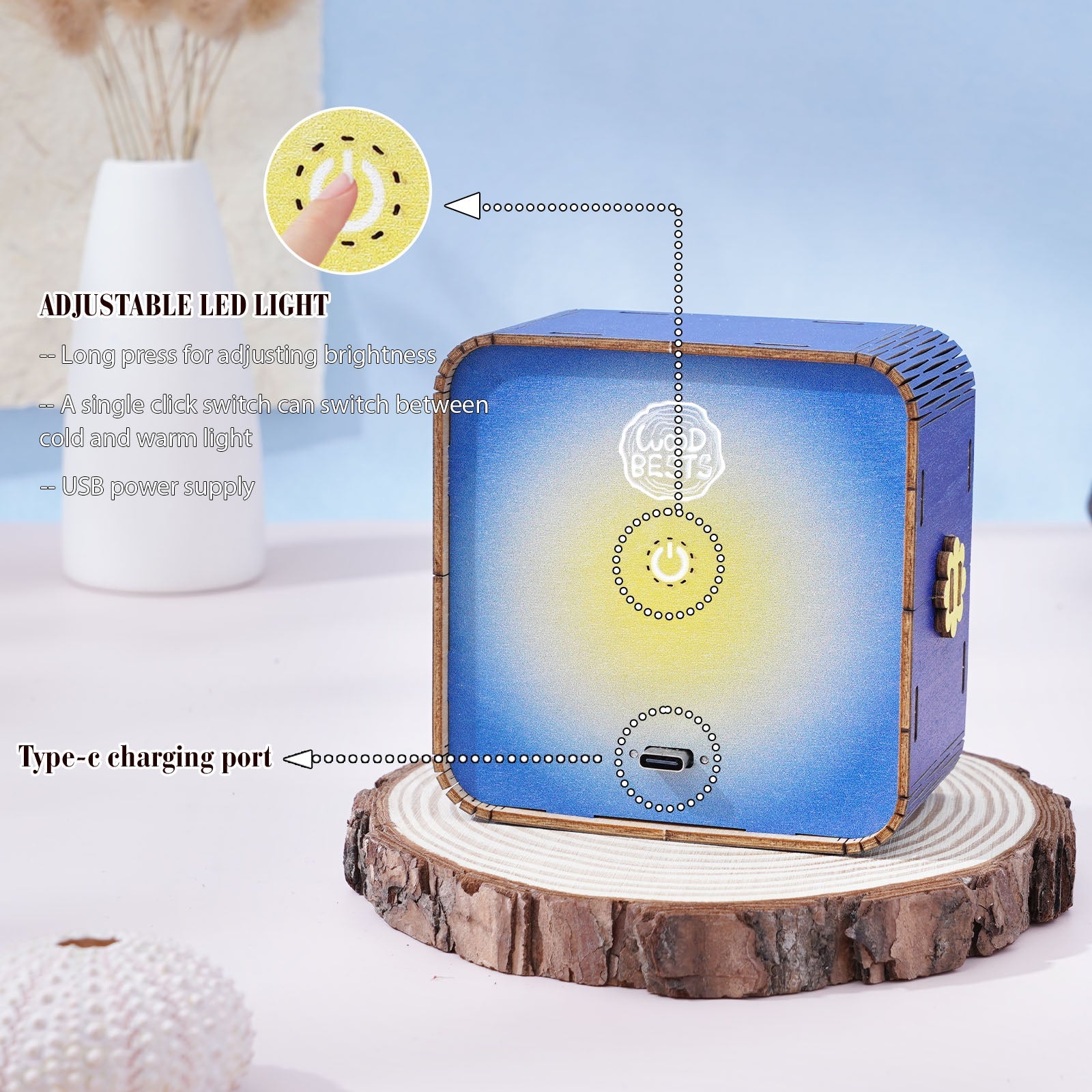 Golden Coast Village Kit 3D wooden puzzle night light with adjustable LED features and Type-C charging port.