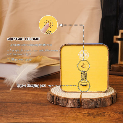 3D Wooden Puzzle Night Light with adjustable LED features, USB power supply, and type-C charging port on a wooden base.