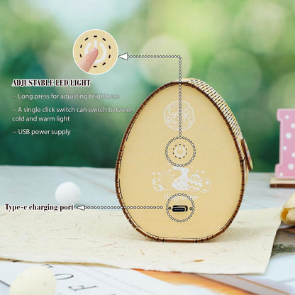 Easter Egg Night Light features adjustable LED brightness, Type-C charging port, and USB power supply.