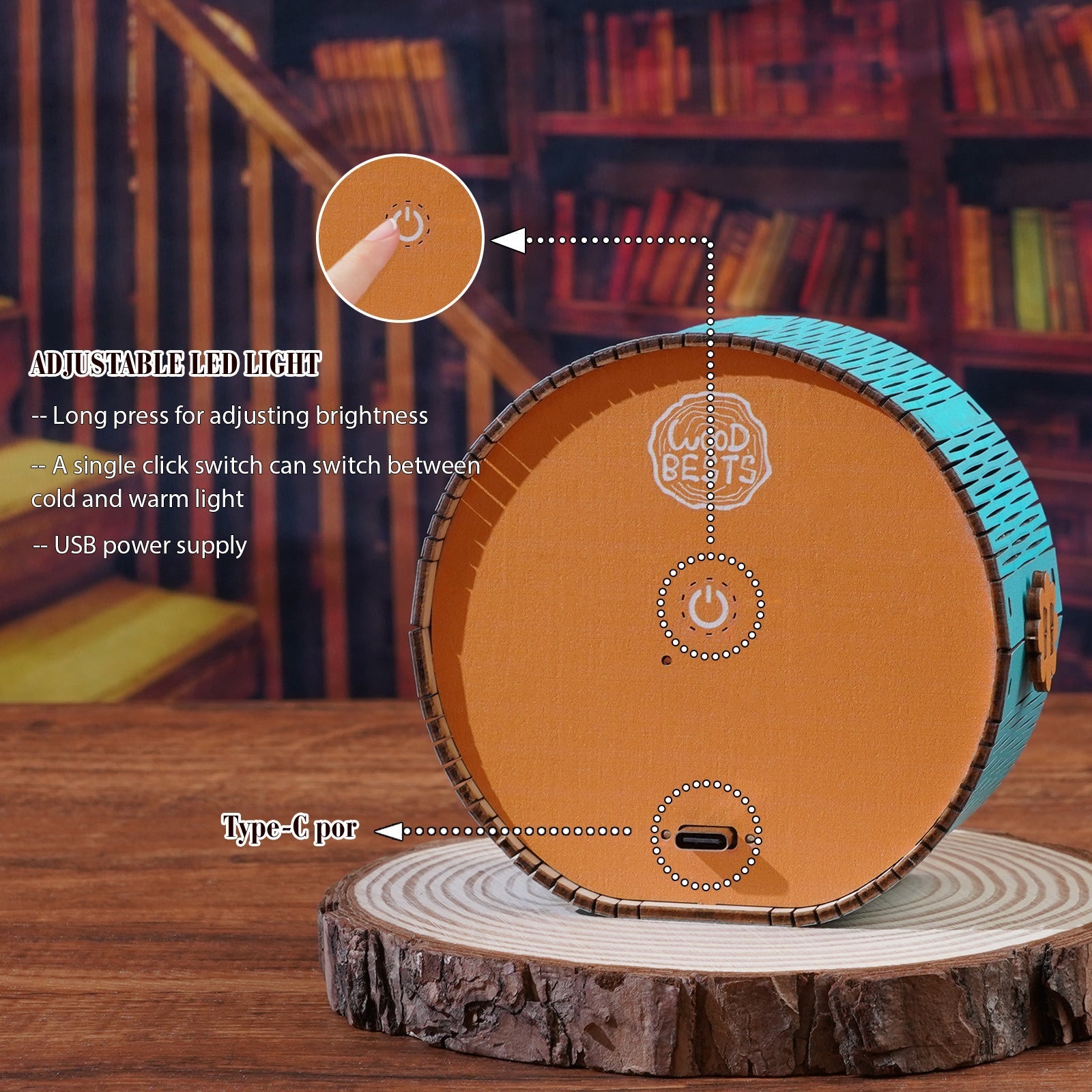 Close-up of Intrepid Explorer puzzle night light features, showing adjustable LED and USB power supply.