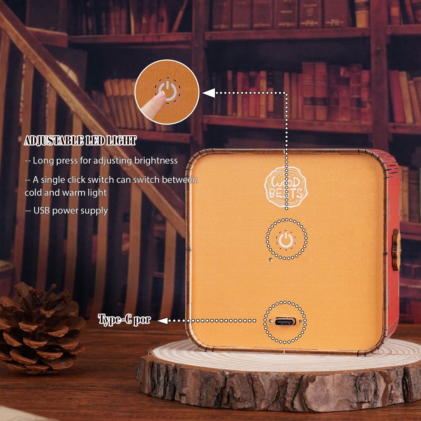 Adjustable LED light features of 3D wooden puzzle night light kit in a library setting.
