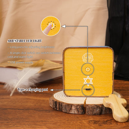 3D Wooden Puzzle Night Light features adjustable LED brightness, USB power supply, and Type-C charging port for convenience.