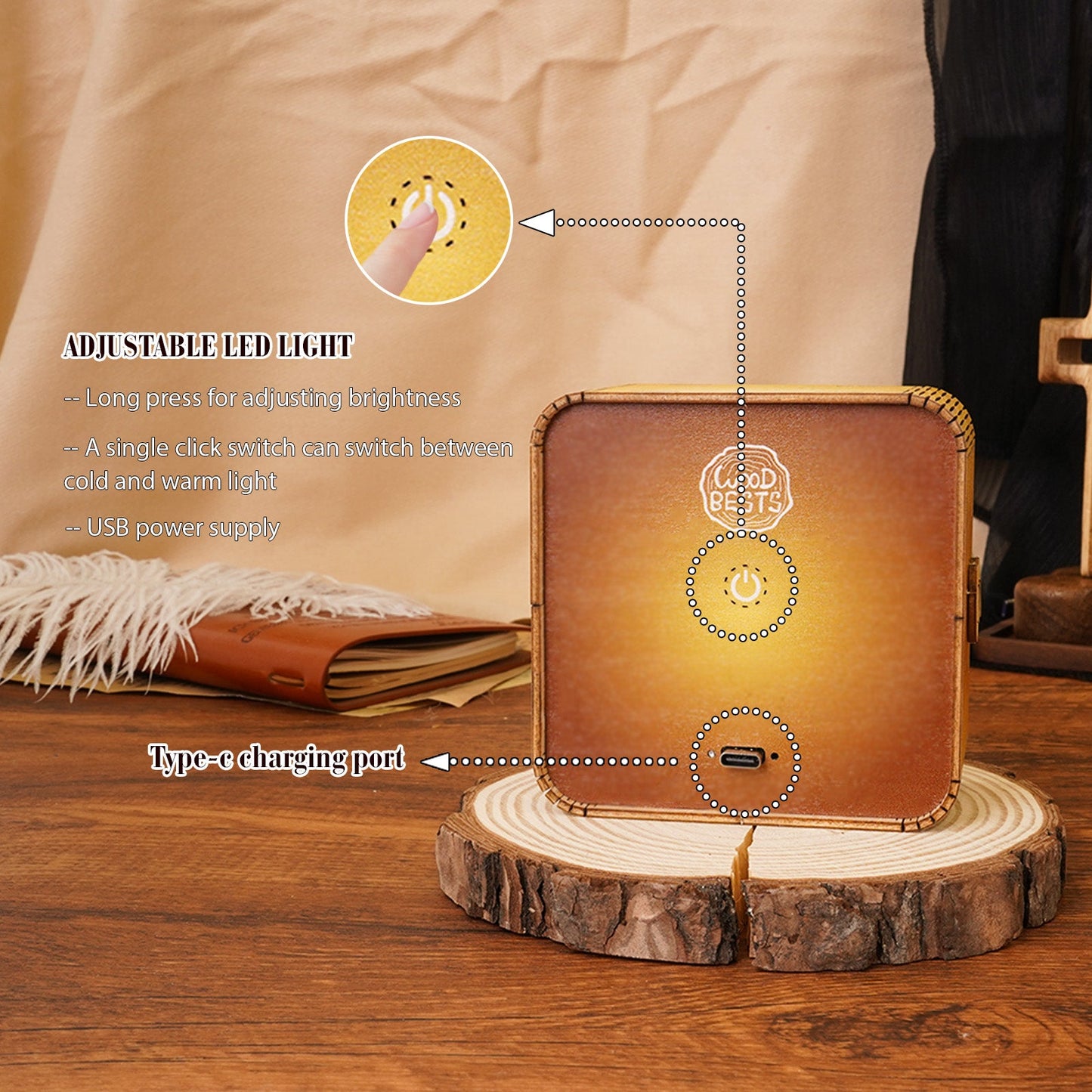 3D Wooden Puzzle Night Light features adjustable LED light, USB power supply, and Type-C charging port shown on a wooden base.