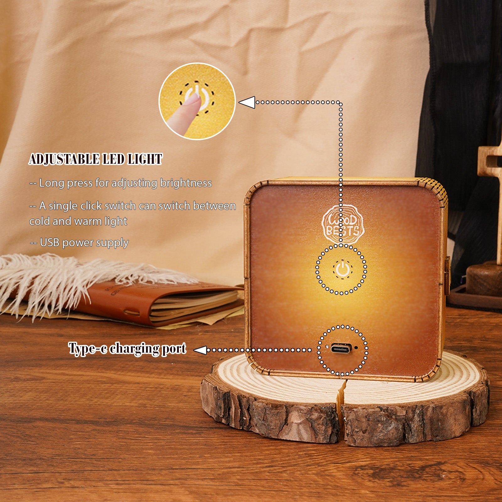 3D Wooden Puzzle Night Light features adjustable LED light, USB power supply, and Type-C charging port shown on a wooden base.