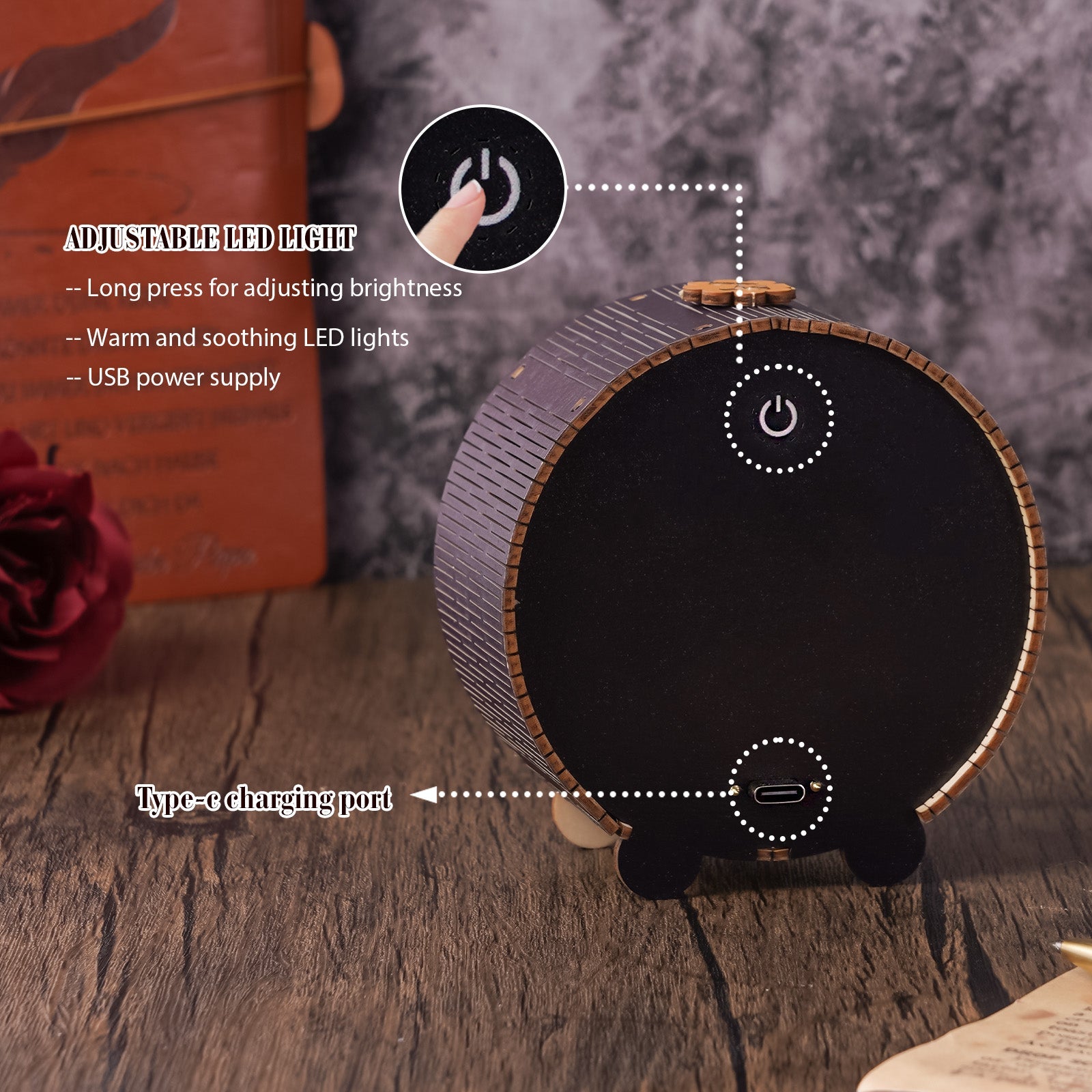Owl Wizard Kit night light featuring adjustable LED brightness, USB power supply, and Type-C charging port.