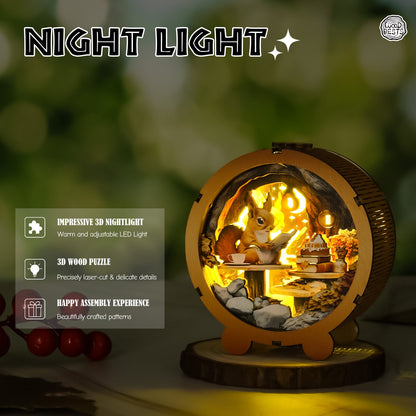 3D wooden puzzle night light featuring a charming squirrel and warm, adjustable LED lighting for cozy ambiance.