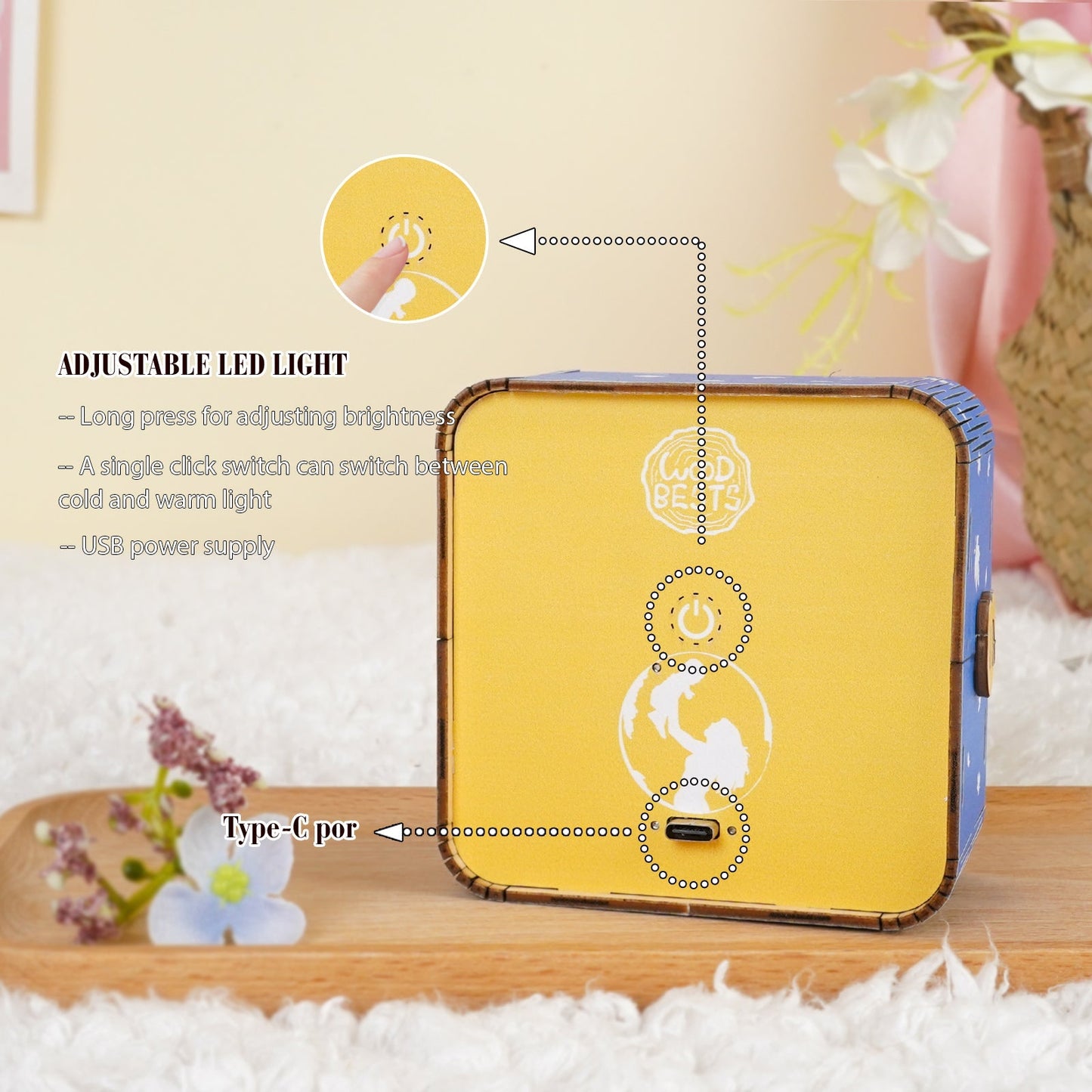 Adjustable LED light feature on Dream Forest Kit wooden puzzle night light, showcasing USB power supply and brightness controls.