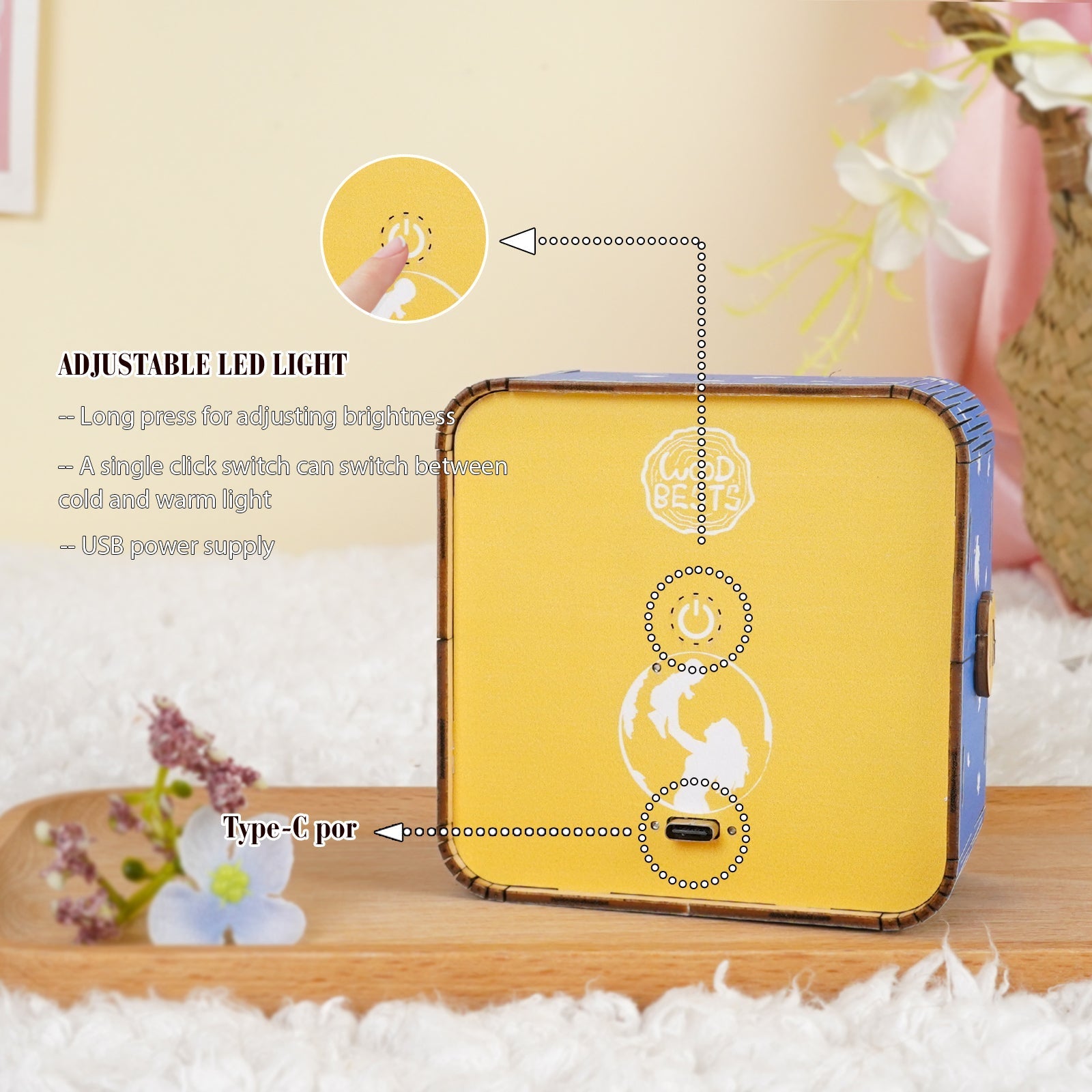 Adjustable LED light feature on Dream Forest Kit wooden puzzle night light, showcasing USB power supply and brightness controls.