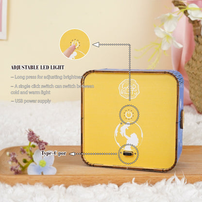 Adjustable LED light feature on Dream Forest Kit wooden puzzle night light, showcasing USB power supply and brightness controls.