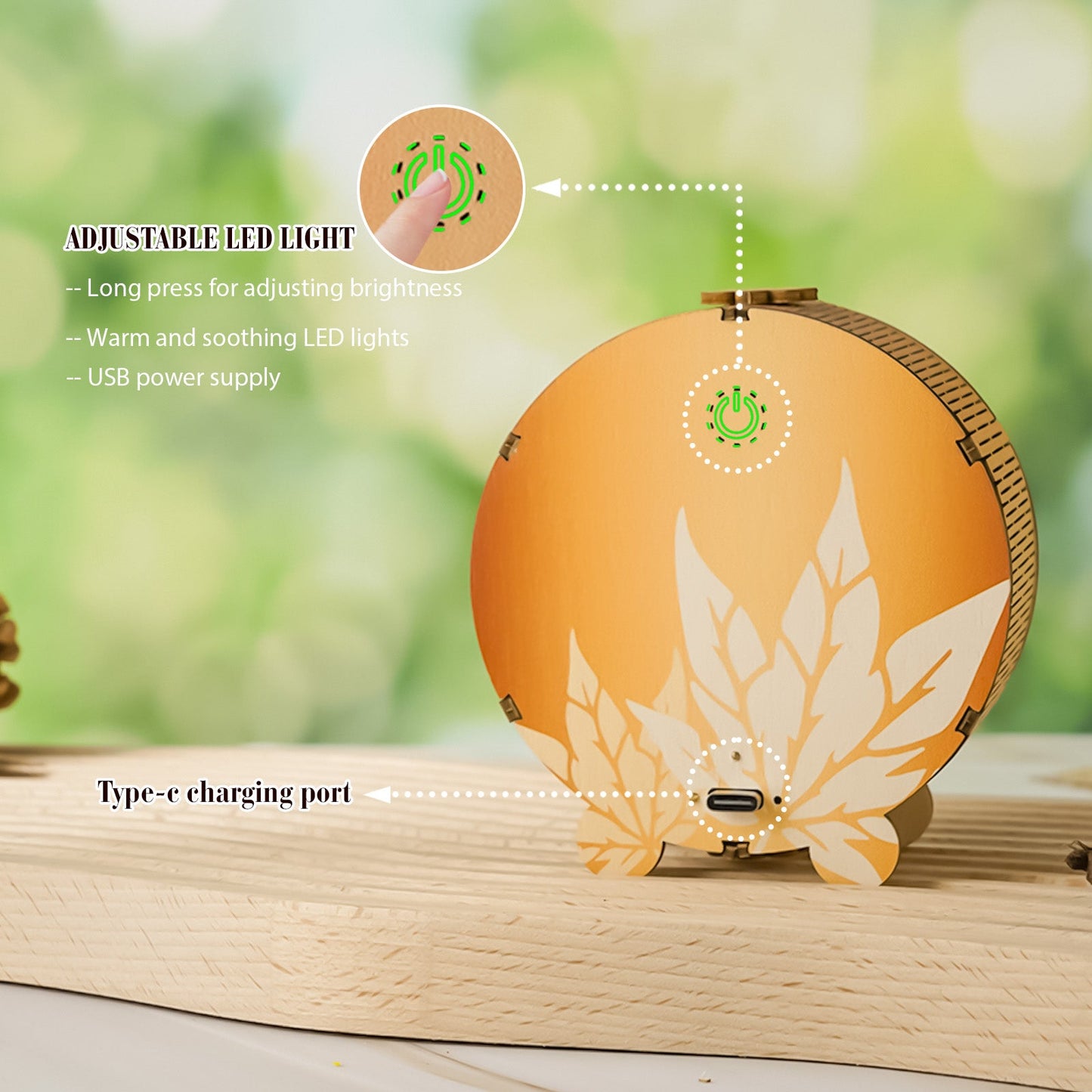 Adjustable LED light features on Squirrel's Reading Kit - 3D Wooden Puzzle Night Light with Type-C charging port.