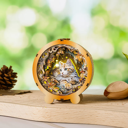 3D wooden night light featuring a mystical cat surrounded by colorful floral designs on a wooden base.