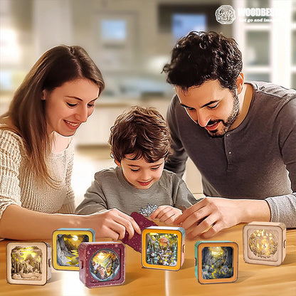 Family enjoying a 3D wooden puzzle night light together, showcasing creativity and fun in a cozy setting.