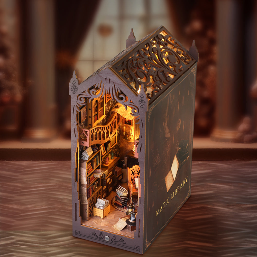 3D wooden puzzle book nook kit featuring a whimsical magic library design with intricate details and warm lighting.