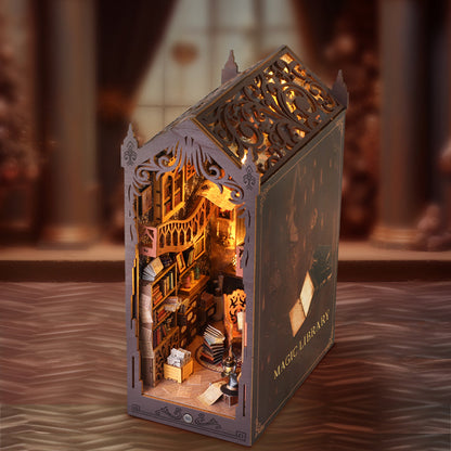 3D wooden puzzle book nook kit featuring a whimsical magic library design with intricate details and warm lighting.
