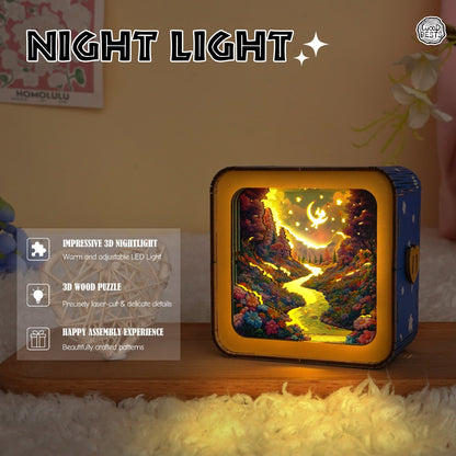 Dream Forest Kit 3D wooden puzzle night light with warm LED glow, featuring colorful nature scene and easy assembly.