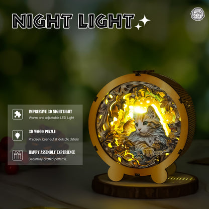 3D wooden cat puzzle night light with adjustable LED, featuring intricate details and warm illumination.