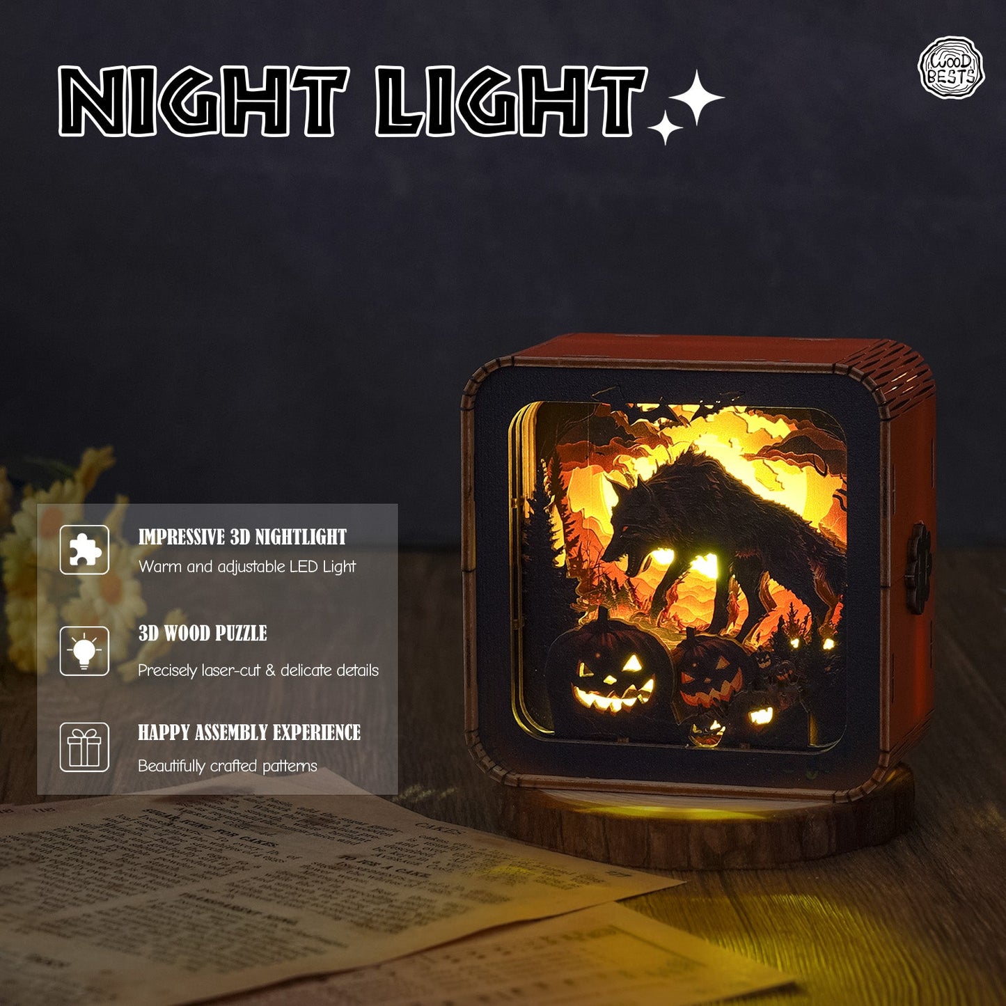 Halloween Wolf Kit - 3D wooden puzzle night light with LED features, showcasing intricate designs and warm lighting.
