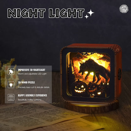 Halloween Wolf Kit - 3D wooden puzzle night light with LED features, showcasing intricate designs and warm lighting.